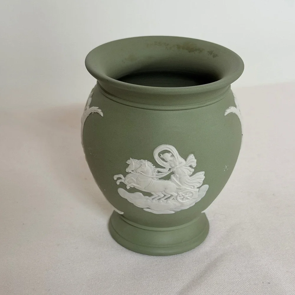 Wedgwood Jasperware Sage Green Small Round Vase Neoclassical Scenes Made in UK